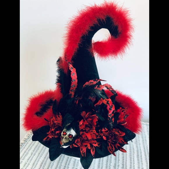 Elf victorian hat Black velvet & ted marabou feather trim Artisan one of - Picture 2 of 16